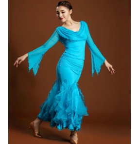 Turquoise sky blue fuchsia hot pink black red long sleeves women's ladies female competition performance ballroom waltz tango dance dresses sets